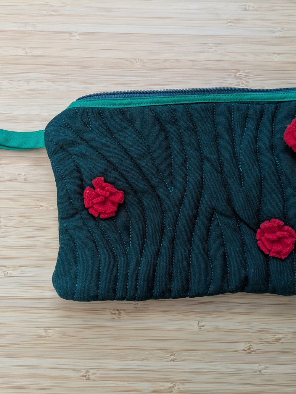 Quilted Cactus Pouch With Red Floral Accents